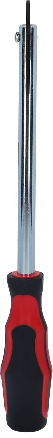 Schraubendreher mit schwarzem und rotem Griff, langer Metallstange und flacher Spitze, typisches Werkzeug für Heimwerkerarbeiten.