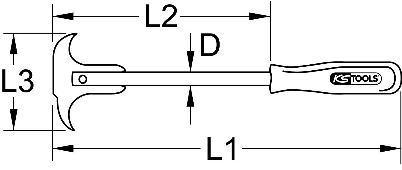 Schema eines Werkzeugs mit Messungen: Gesamtlänge L1, Kopfbreite L2, Kopfmaß L3 und Griffdurchmesser D.