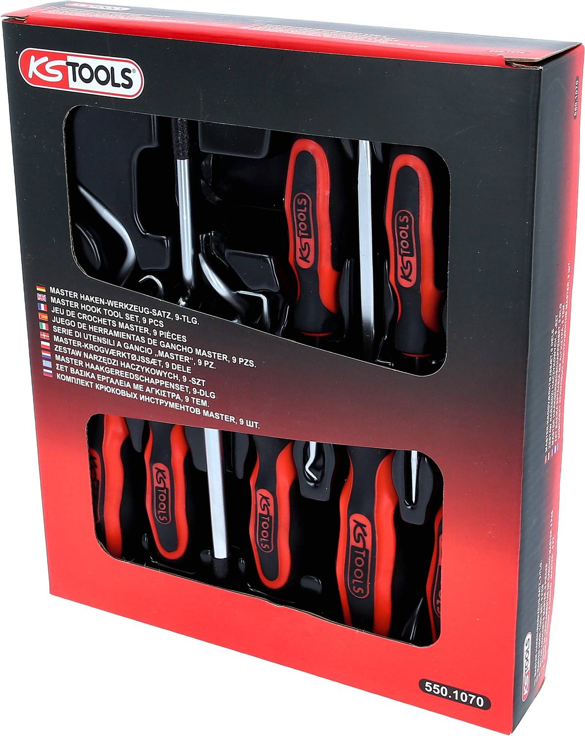 Eine Verpackung mit einem Satz von fünf schwarzen und roten Schraubendrehern, auf der 'KS Tools' steht, gut sichtbar durch ein Sichtfenster.