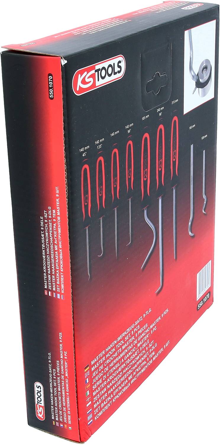 Eine Verpackung mit dem Logo von 'KS Tools', zeigt eine neunteilige Hakensatz-Abbildung und technische Details auf der Rückseite.