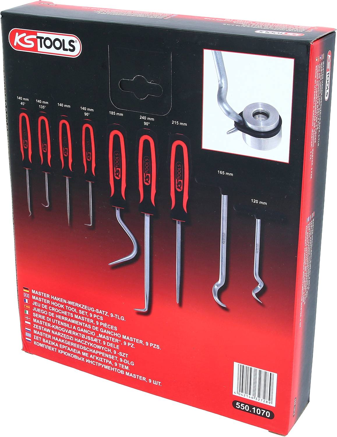 Verpackung mit sieben Winkelschlüsseln unterschiedlicher Länge von KS Tools. Anwendungsbeispiel für einen Haken und eine Öse.