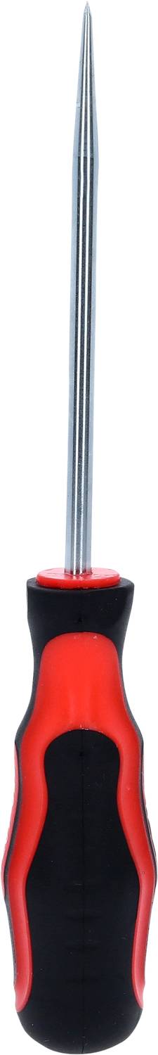Ein rot-schwarzer Schraubendreher mit ergonomischem Griff und langer, schmaler Spitze.