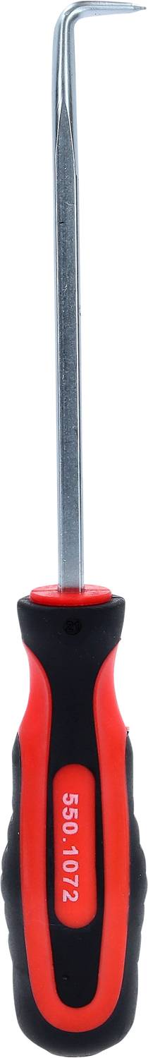 Ein Hakenwerkzeug mit einem roten und schwarzen Griff und einer metallischen, gebogenen Spitze. Ideal zum Entfernen von Dichtungen.