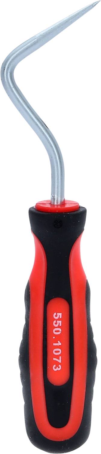 Ein schwarzer und roter Handmeißel mit geradem, silbernem Haken. Ideal zum Entfernen von Nägeln oder für Holzarbeiten.