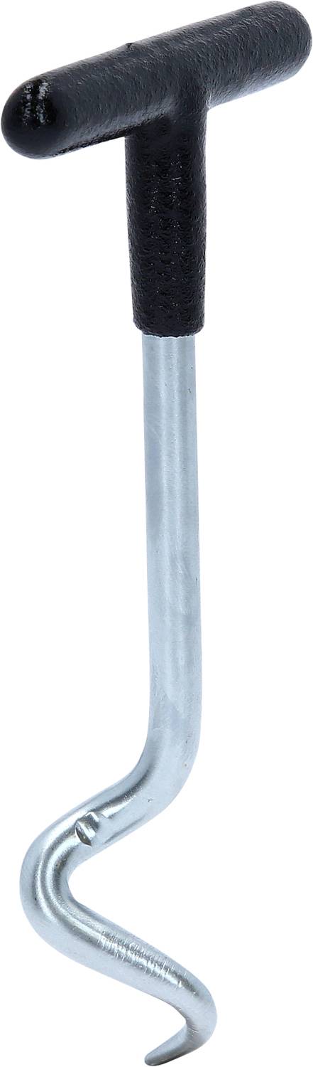 Ein Metallhaken mit einem schwarzen T-förmigen Griff, verwendet zum Ziehen oder Halten von Gegenständen.