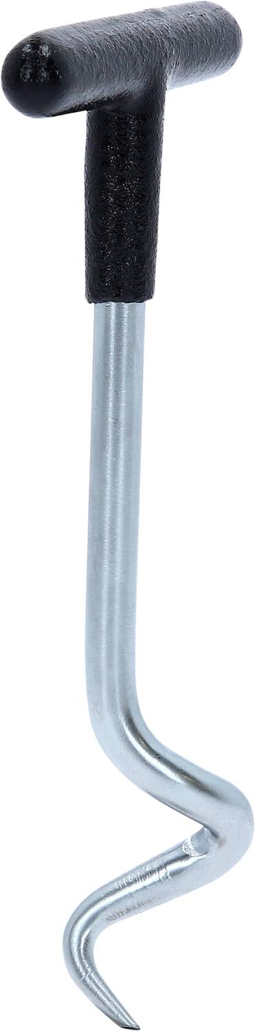 Eine silberne Metallhakenstange mit einem schwarzen, T-förmigen Griff. Geeignet zum Heben oder Halten schwerer Gegenstände.