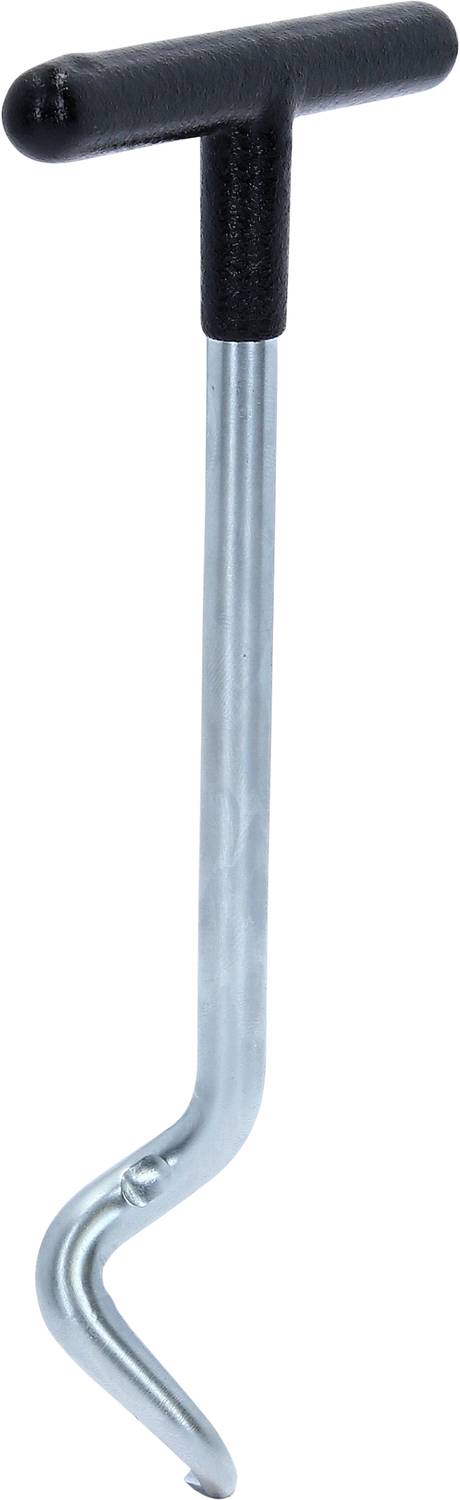 Ein L-förmiger Metallhaken mit einem schwarzen, querliegenden Griff oben. Wird wahrscheinlich als Werkzeug oder Hebel verwendet.