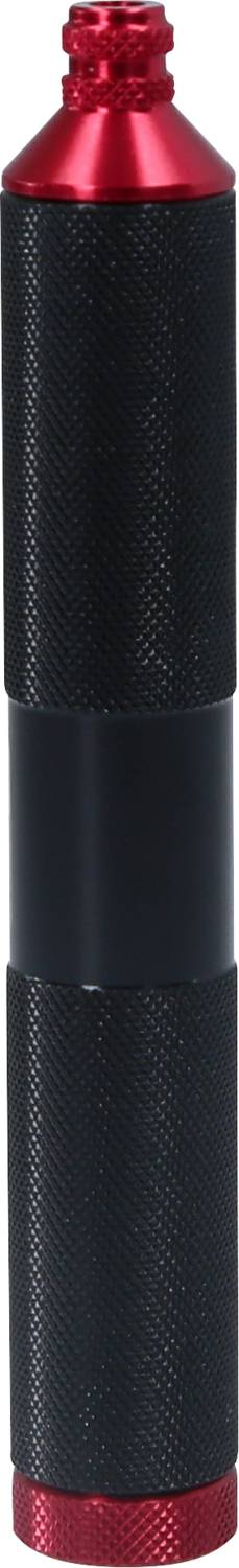 Ein schwarzer zylindrischer Griff mit roten Kappen an Ober- und Unterseite, geeignet für Tattoo- oder Werkzeuganwendungen.