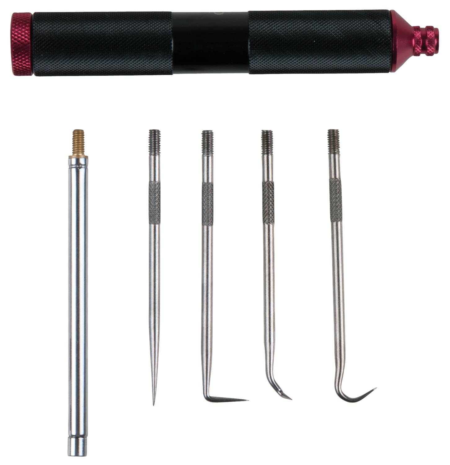 Ein Werkzeugset mit einem schwarzen Griff, vier unterschiedlichen Metallhaken und einer Verlängerungsstange.