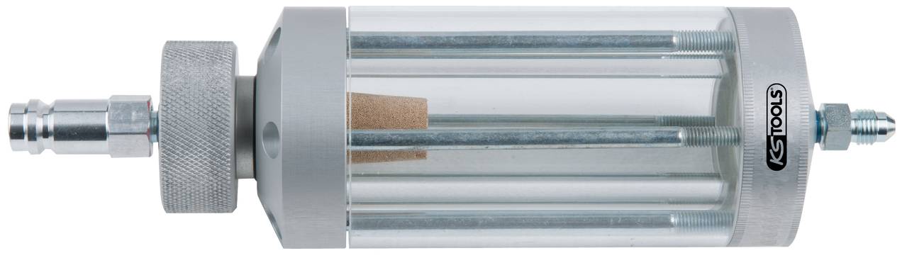 Druckluft-Wasserabscheider von KS Tools. Zylinderförmig, transparent mit silbernen Enden, ein Anschluss links und rechts.