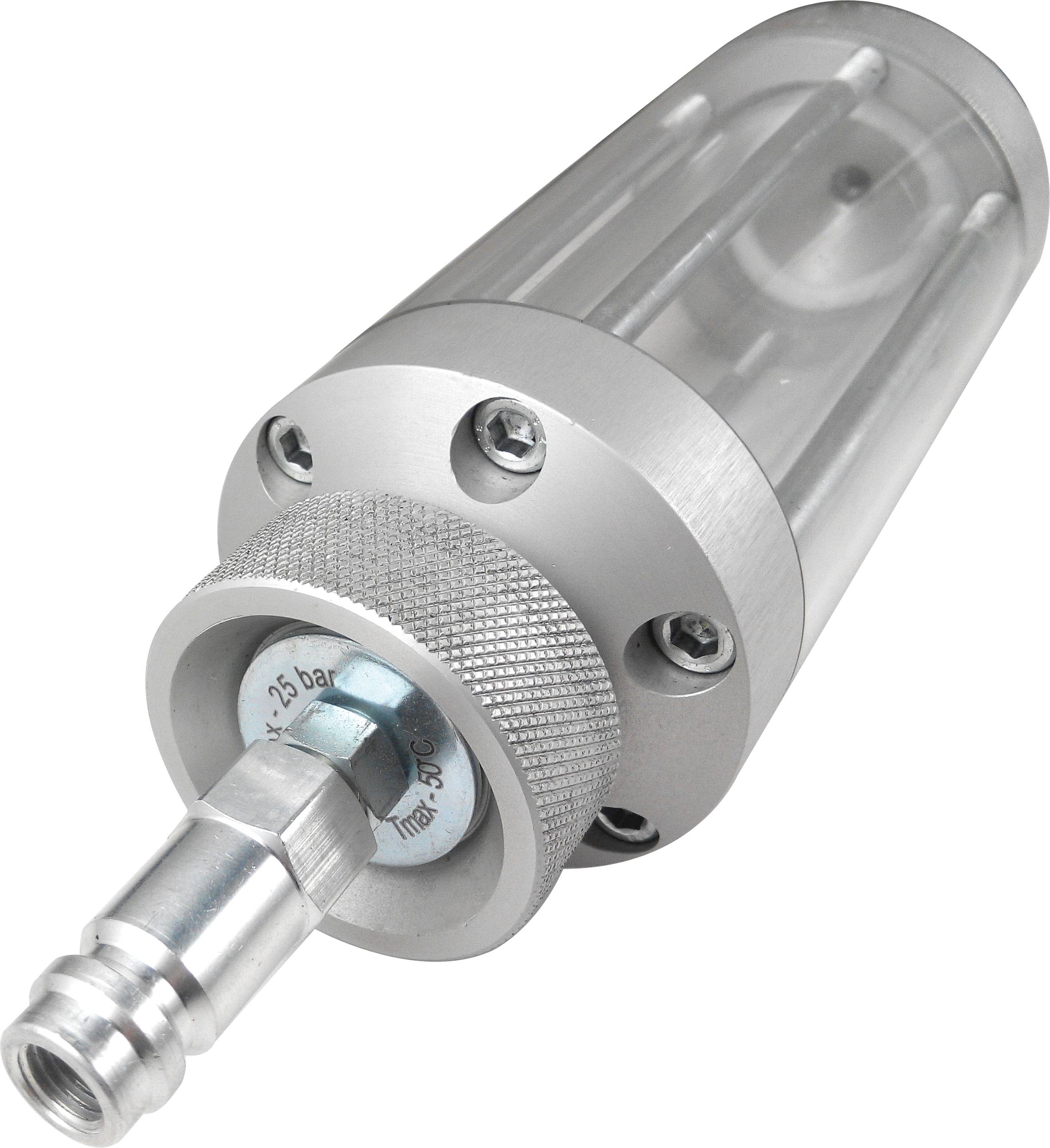Metallisches Druckluftgerät mit zylindrischem Gehäuse und Ventil, geeignet für 2-5 bar Druckbereich.