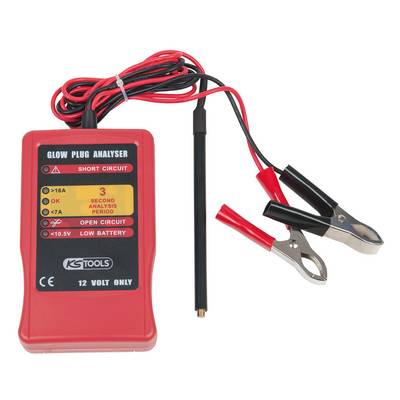 Rotes Glühkerzen-Testgerät mit Kabeln und Klemmen. Anzeigen für Kurzschluss, Spannung und Batterie.