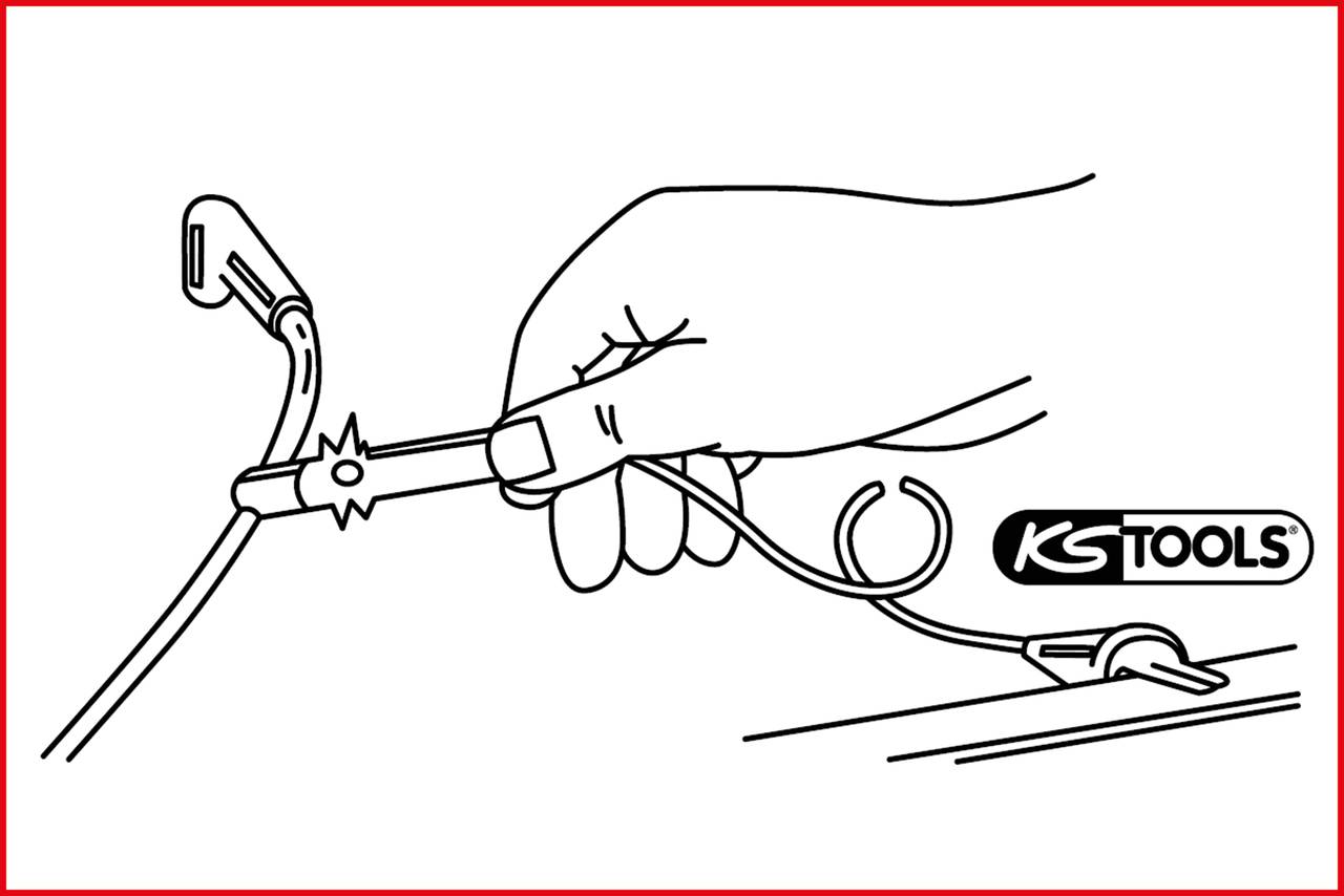 Hand hält ein Werkzeug mit einem Kabel. Verwendung des Werkzeugs an einer Leitung, mit 'KS TOOLS'-Logo rechts neben der Hand sichtbar.