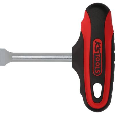 Ein rot-schwarzer Schraubenzieher mit T-Griff und flacher Klinge liegt horizontal.