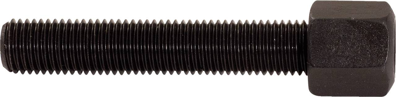 Eine schwarze Schraube mit einem sechseckigen Kopf, liegend auf einer flachen Oberfläche.
