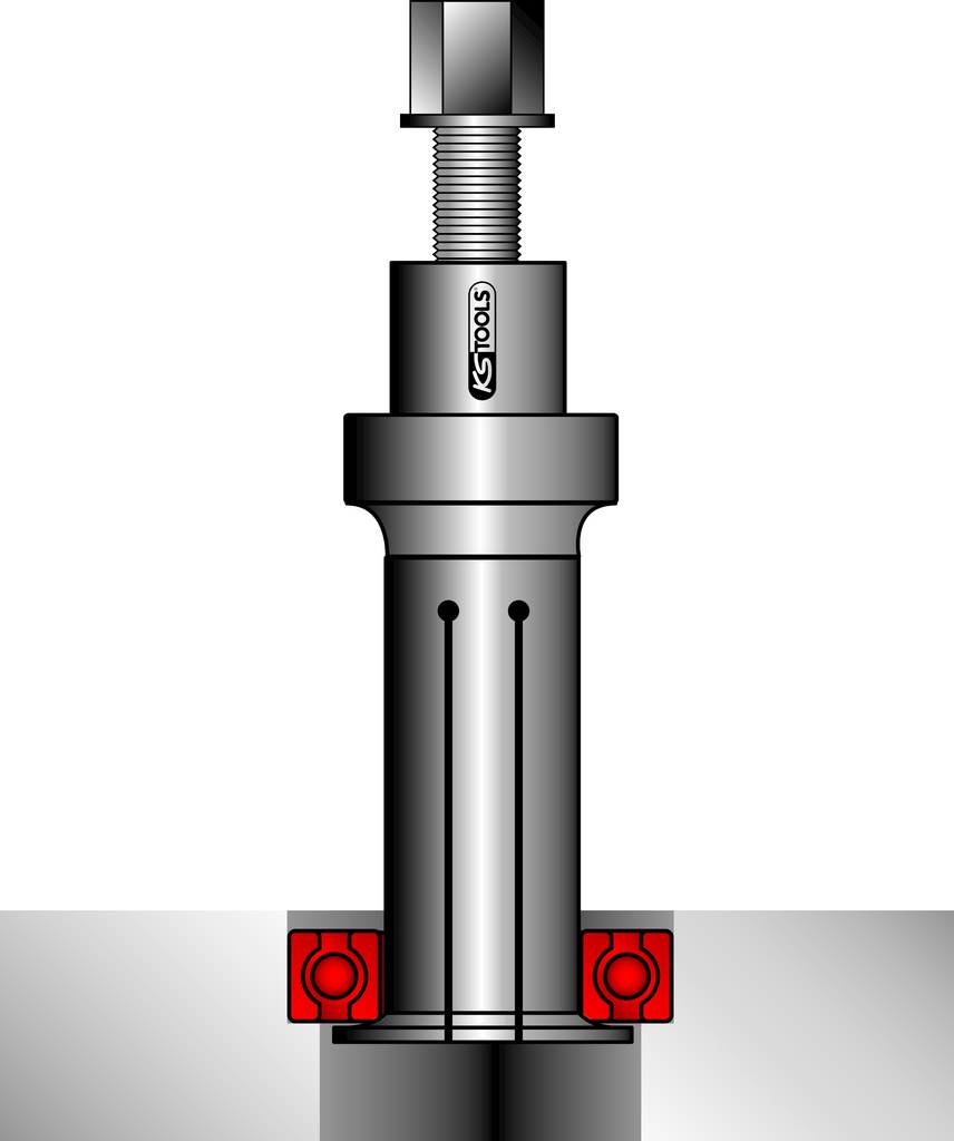 Ein Hydraulikzylinder von KS Tools, vertikal positioniert, mit roten Befestigungselementen.<br><br>