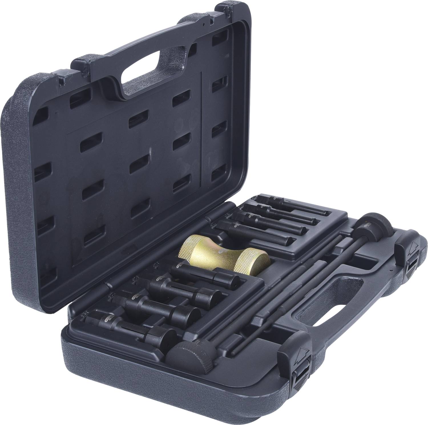 Ein offener Werkzeugkoffer mit verschiedenen Einsätzen und einem goldfarbenen Hammer, geeignet für präzise Reparaturen und Montagen.