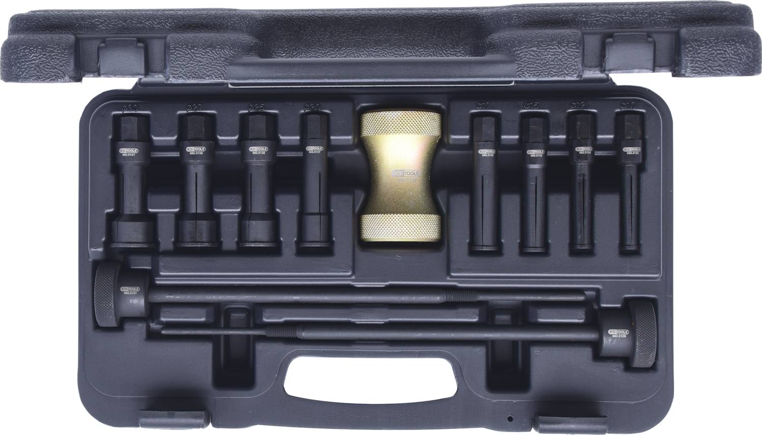 Ein Werkzeugkoffer mit verschiedenen Stecknüssen und T-Schlüssel, geeignet für mechanische Reparaturen oder Installationsarbeiten.