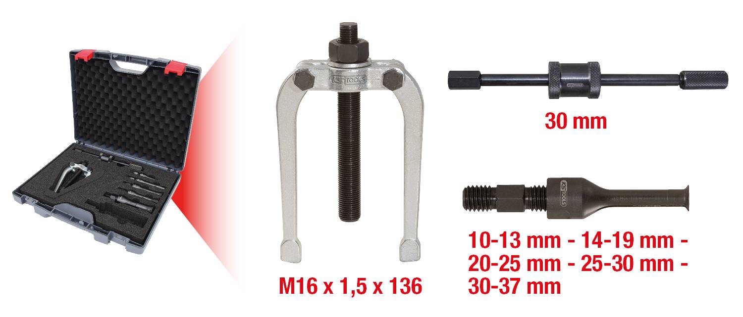 Abzieher-Set mit verschiedenen Abmessungen. Hauptabzieher 'M16 x 1,5 x 136', drei Spreizdorne: '10-13 mm', '14-19 mm', '20-25 mm'.