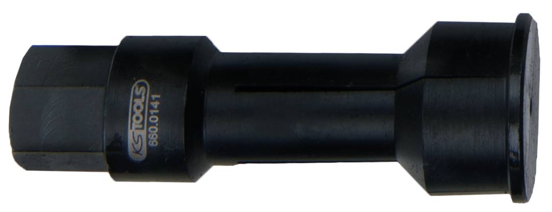 Ein schwarzes Werkzeug aus Metall, zylindrische Form mit hexagonalem Ende, Aufschrift 'KS TOOLS 690.0141' sichtbar. 