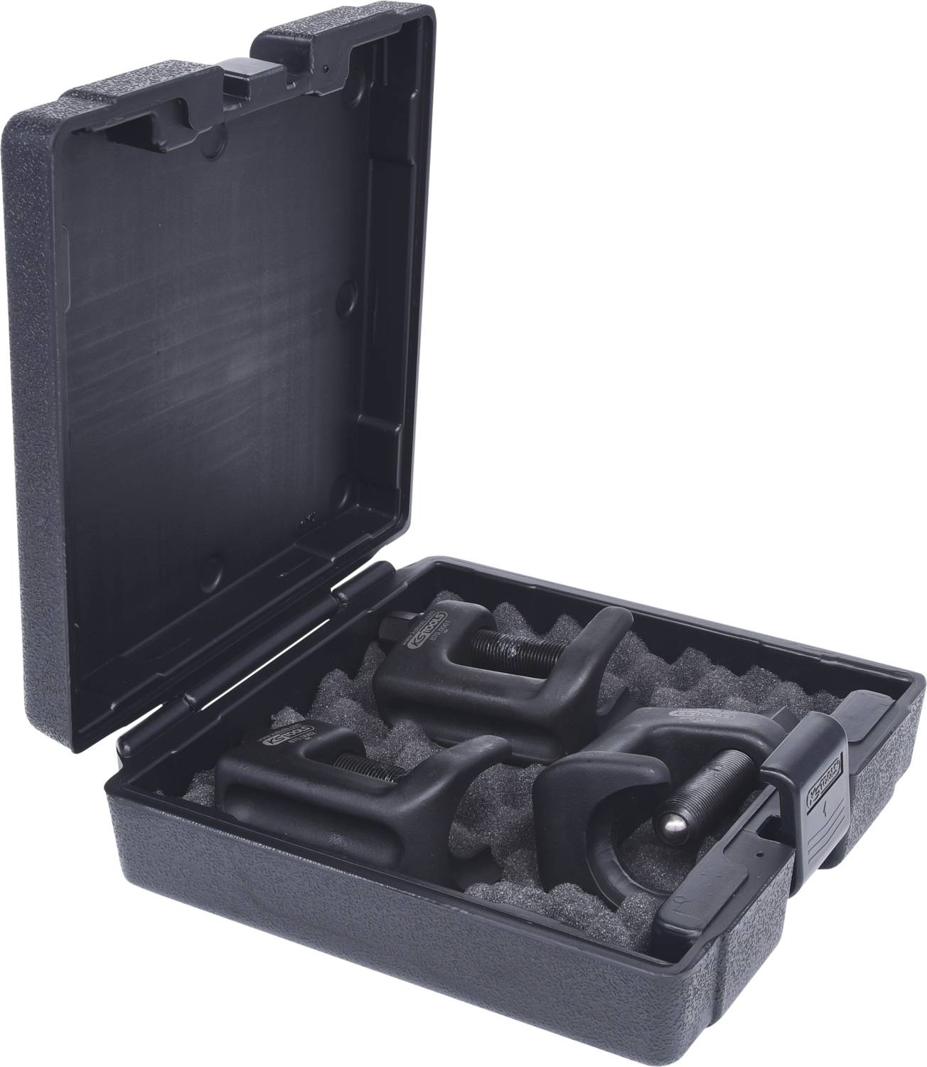 Aufbewahrungsbox mit geöffneter Schaumstoffeinlage, die mehrere schwarze Metallklemmen sicher fixiert.