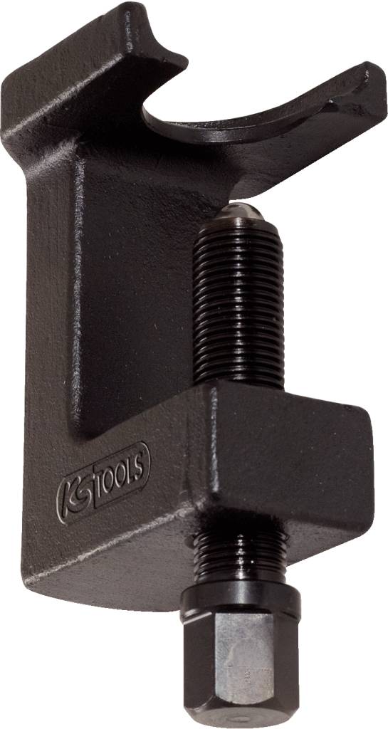 Schwarzer Schraubwerkzeug-Abzieher aus Metall, möglicherweise ein Kugelgelenkabzieher, mit einem Schraubmechanismus zur Anwendung von Druck.