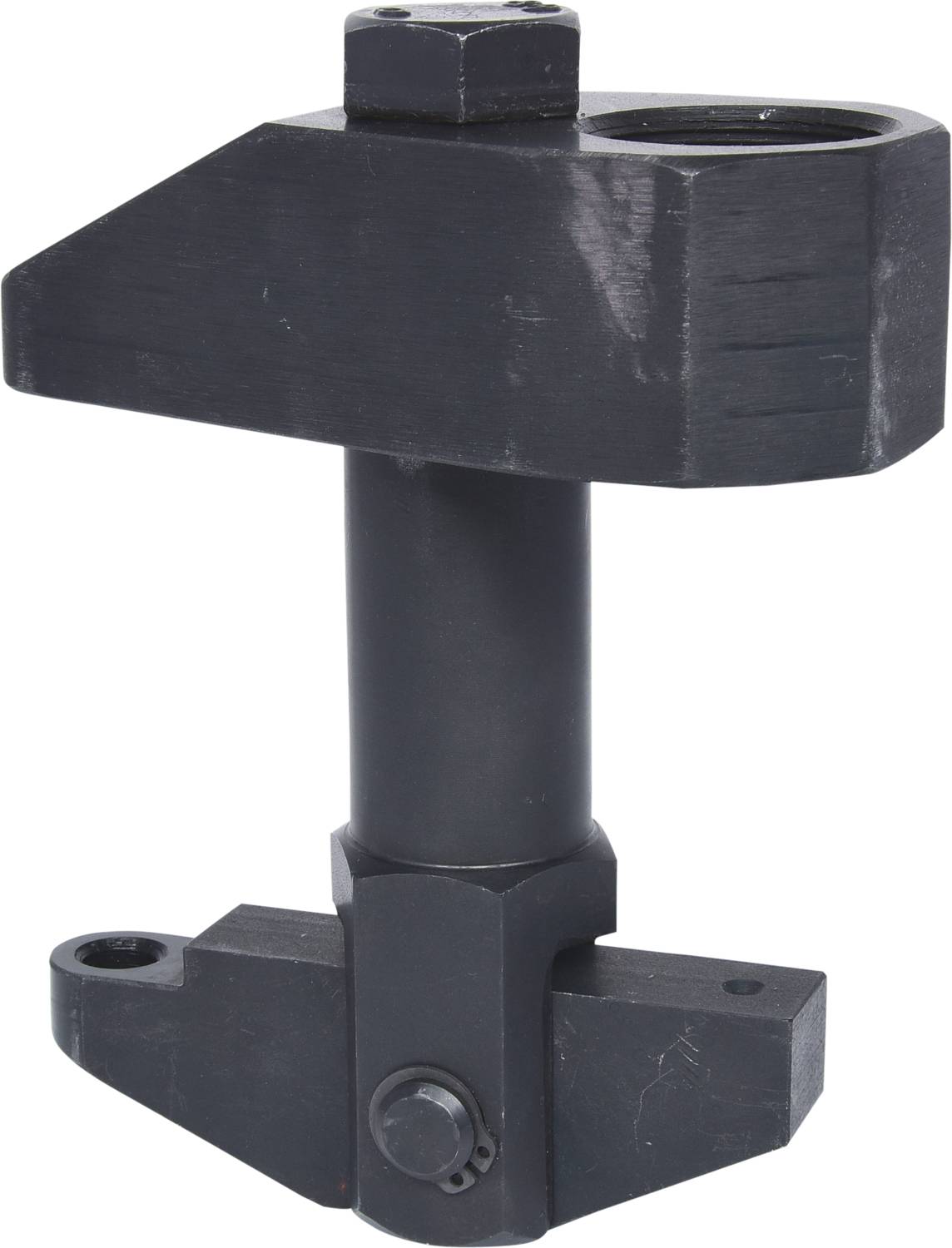 Schwarzes Metallbauteil in T-Form mit zylindrischem Mittelteil.