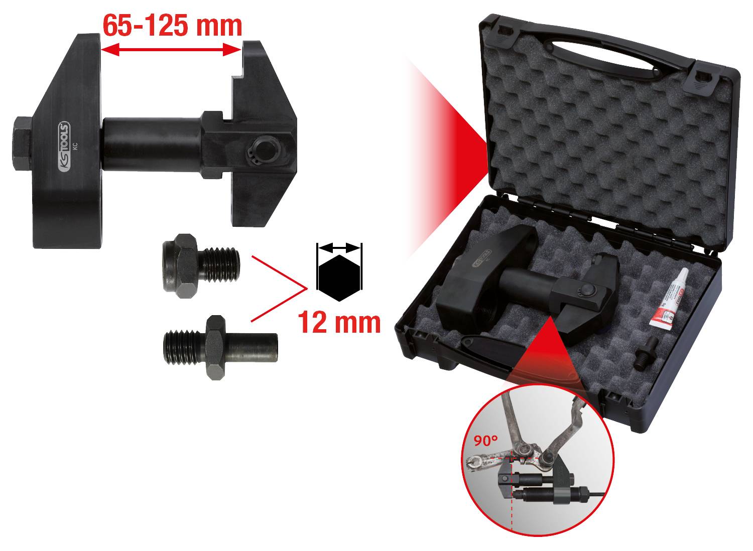Werkzeugset zur Montage von Rohren, bestehend aus einem Spanner (65-125 mm), Schrauben, und Koffer. Abbildung zeigt Anwendung bei 90°.