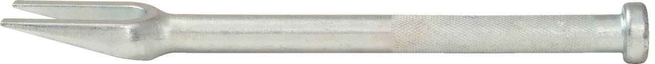 Ein silbernes Metallwerkzeug mit einem geteilten flachen Ende, ähnlich einem Meißel oder Hebelwerkzeug.