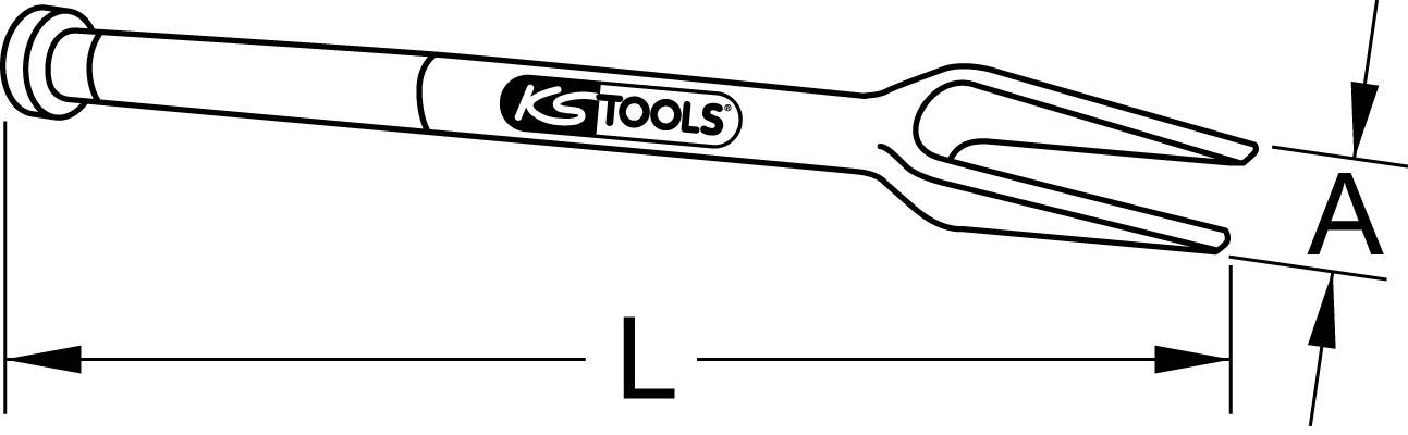 Langgabel mit 'KS TOOLS'-Logo; zeigt Gesamtlänge 'L' und Abstand an den Spitzen 'A'.