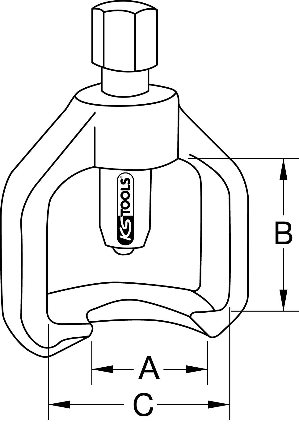 'Abzieher' Diagramm: Werkzeug zur Entfernung von Teilen, Maße: A und C für Breite, B für Höhe. Markenlogo 'KS Tools' in der Mitte.
