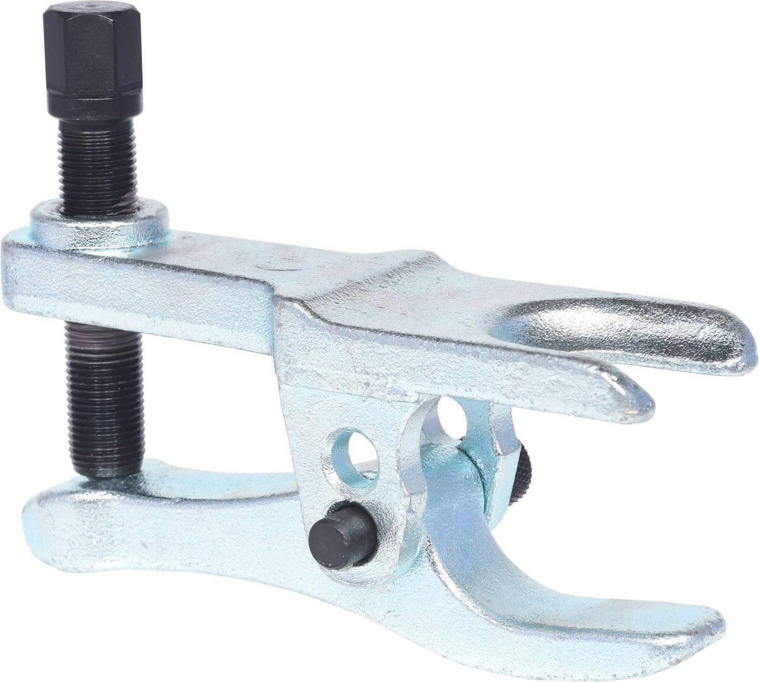 Metallisches Werkzeug mit Schraubmechanismus und zwei gezackten Enden, verwendet zum Trennen von Kugelgelenken oder ähnlichen Verbindungen.