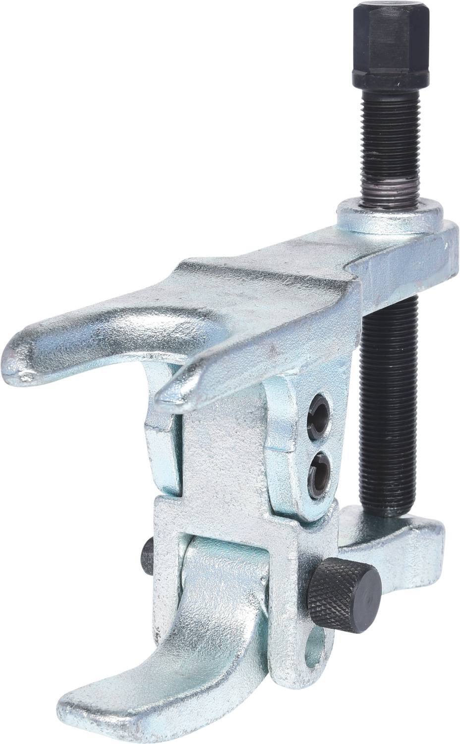 Ein silberfarbener Kugelgelenkabzieher aus Metall mit zwei Greifarmen und einer Schraube, verwendet zum Trennen von Kugelgelenken.