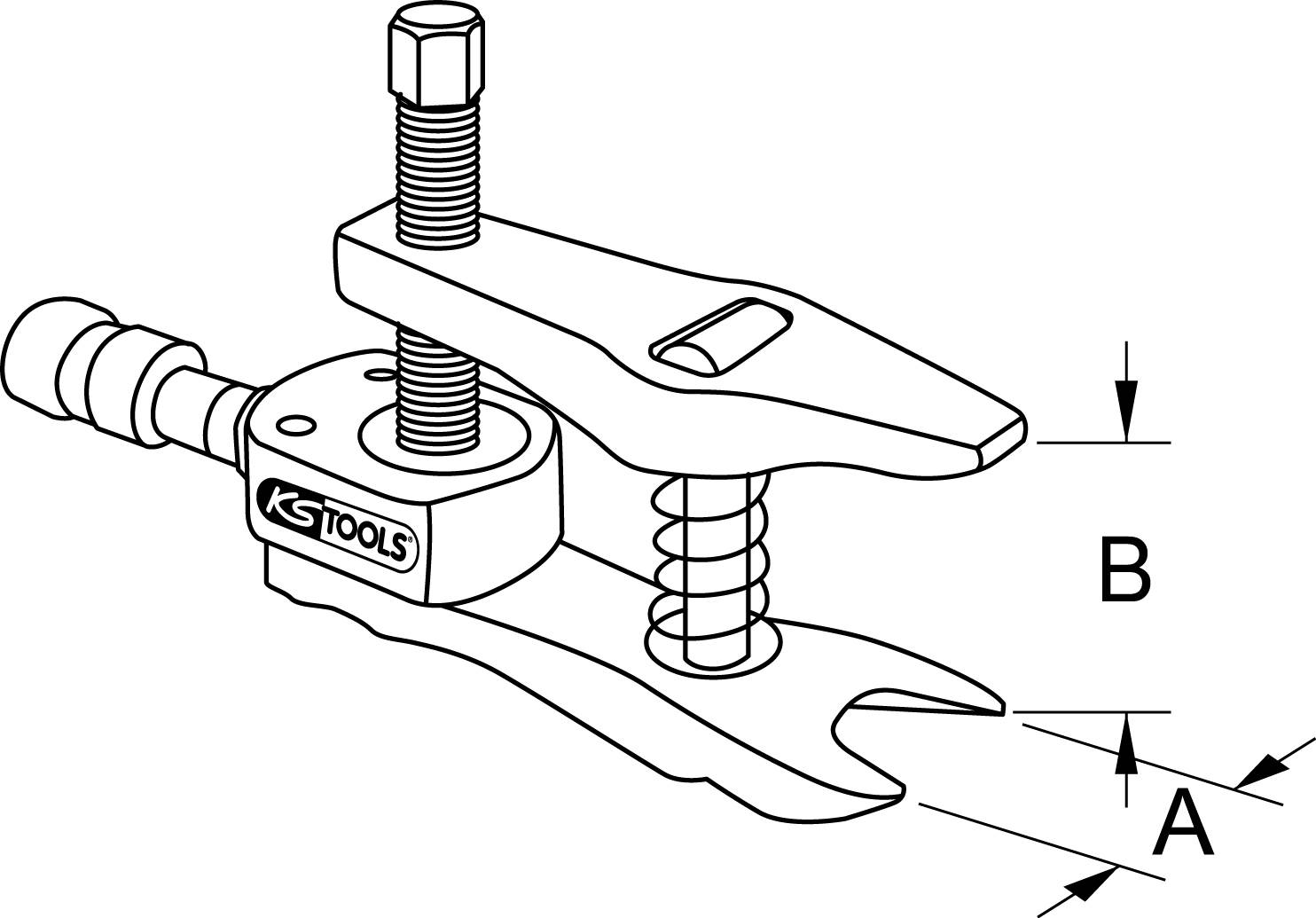 'Illustration eines Abziehers mit beschrifteten Pfeilen A und B, die Maße der Bauteile darstellen. Für mechanische Anwendungen geeignet.'
