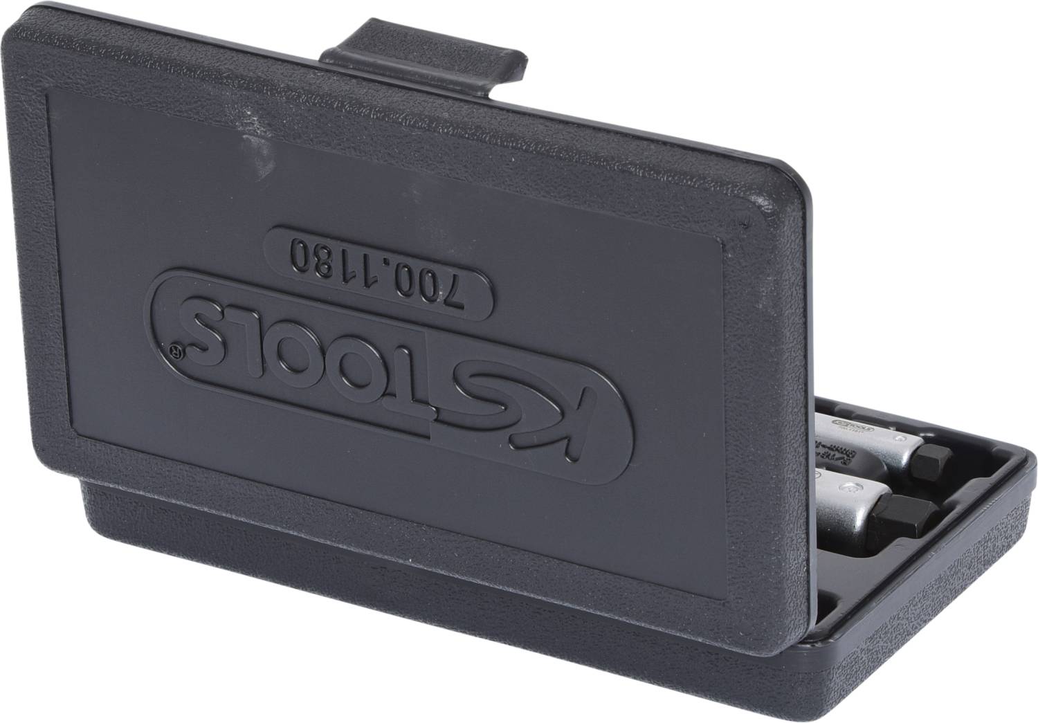 'KS Tools 700.1180 Bit-Satz' in einer geöffneten schwarzen Kunststoffbox mit Logoaufschrift, zwei sichtbare Bits im Inneren.