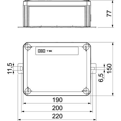 Ein technisches Diagramm zeigt die Maße eines rechteckigen Gehäuses: Breite unten 220 mm, Höhe 77 mm, Tiefe 150 mm.