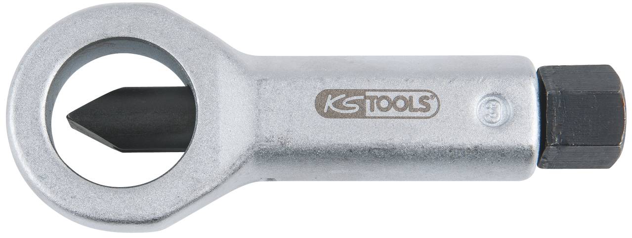 Ein silbernes Werkzeug von KS Tools zum Entfernen abgebrochener Schraubenbolzen, mit einem konischen Metallstift im Zentrum.
