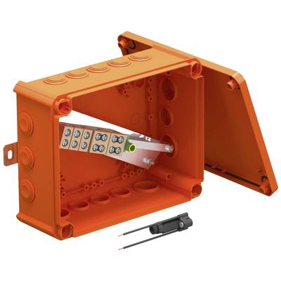 Orangefarbene elektrische Anschlussdose mit aufklappbarem Deckel und integrierten Befestigungsmechanismen, Werkzeug darunter.