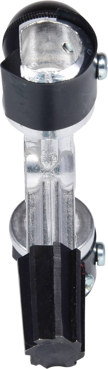 Metallisches Fahrradteil mit schwarzem Kunststoffschutz, vermutlich eine Halterung oder Klammer, aus Sicht von oben.