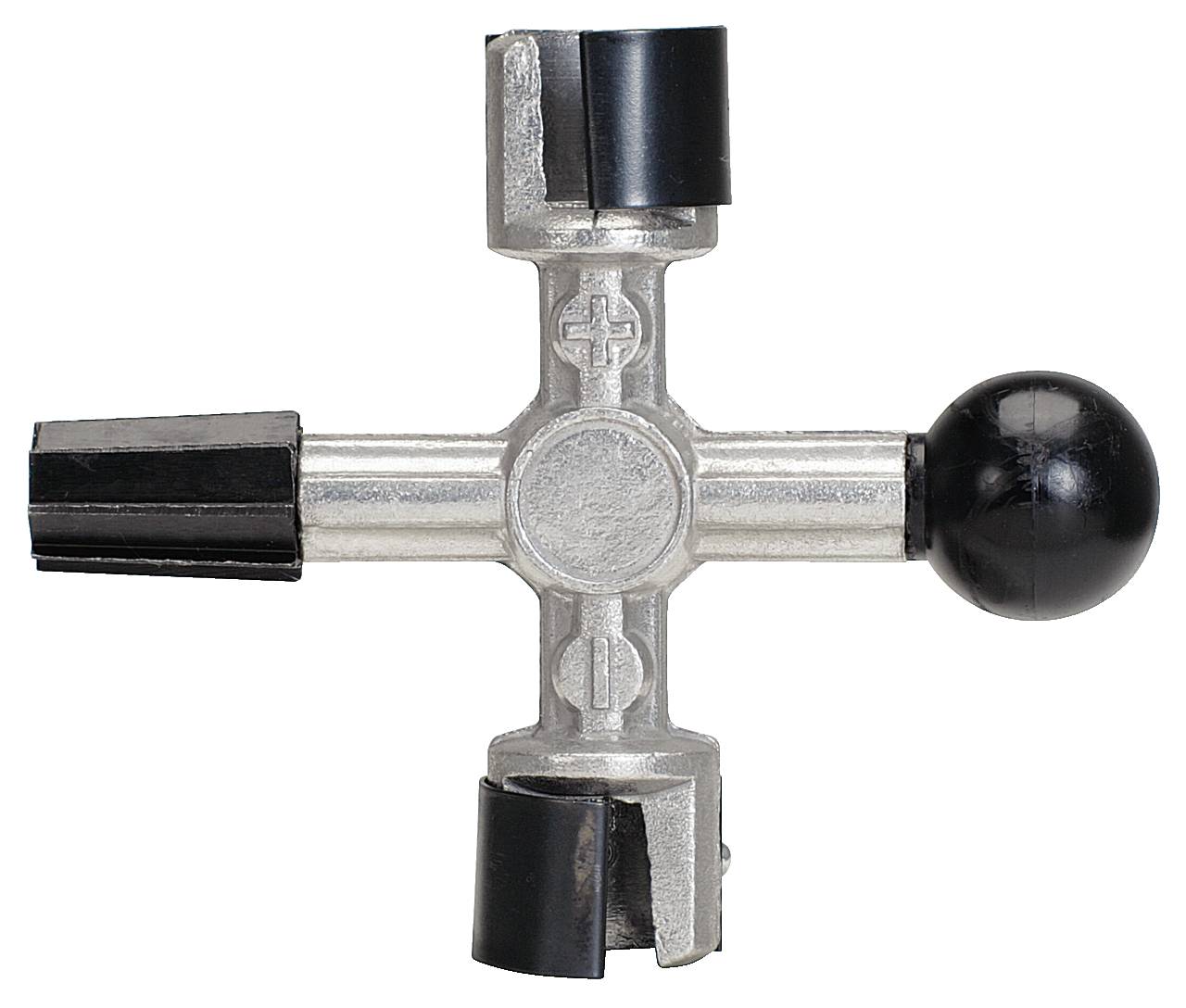 Ein metallener Kreuzgriff mit einem runden schwarzen Knopf an einem Ende und drei offenen Steckverbindungen an den anderen Enden.