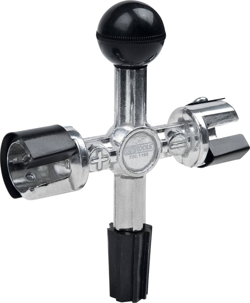 Ein silberner Vierkantschlüssel mit schwarzem Griff und vier verschiedenen Schlüsselformen an den Enden, zur Bedienung von Technikschränken.