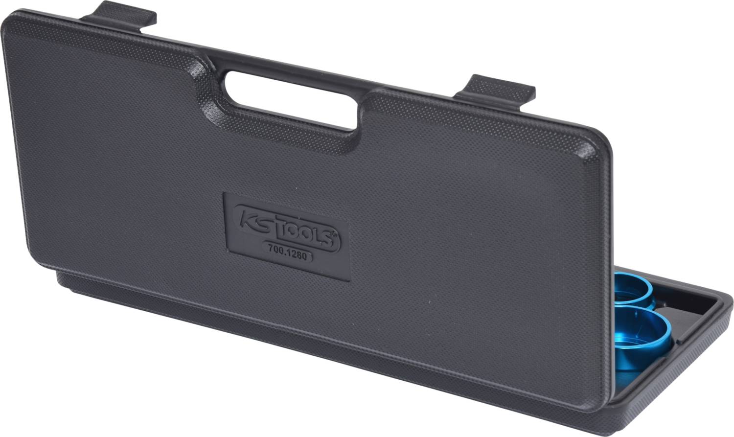 Schwarzer Kunststoffkoffer mit KS Tools-Logo, geöffnet mit blauen Werkzeugen innen sichtbar.