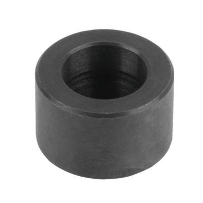 Ein schwarzer, zylindrischer Metalladapter mit einem zentralen Loch, möglicherweise ein Maschinenteil oder eine Hardwarekomponente.
