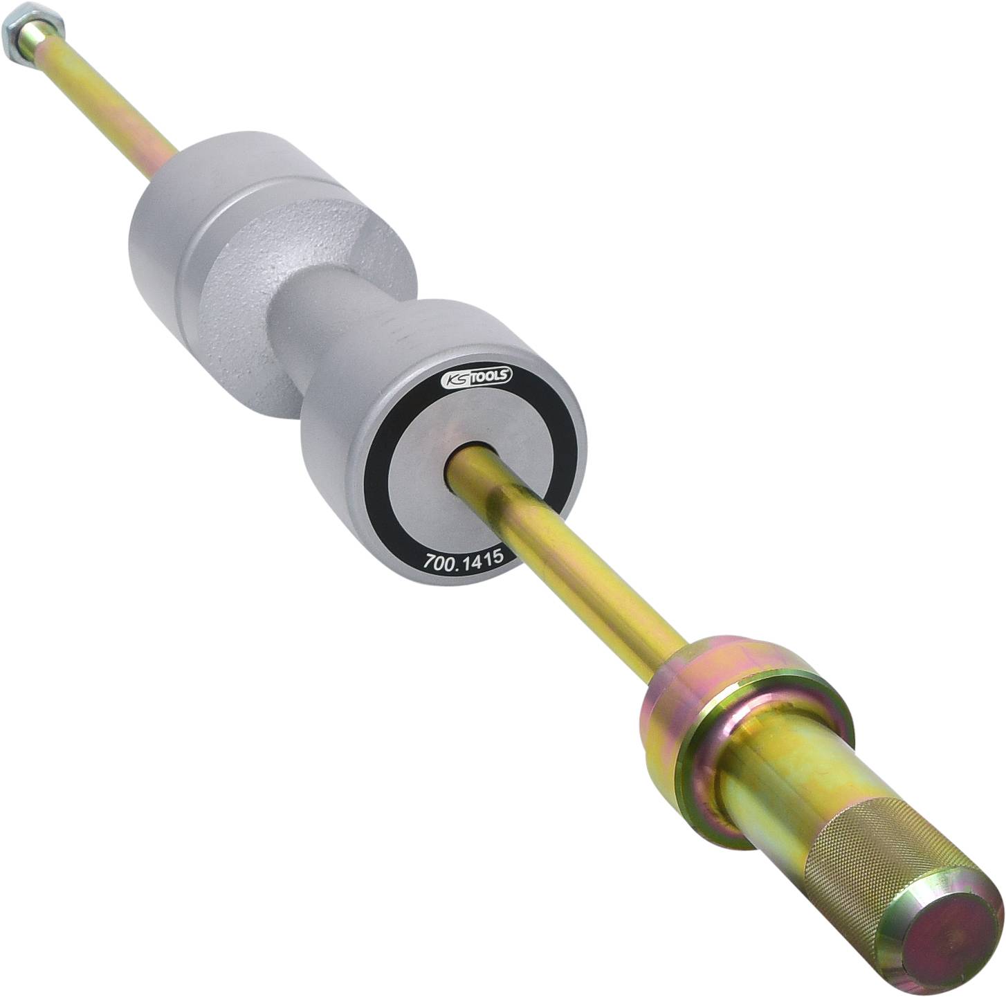 Silberner Gleithammer mit gelblich-goldenem Handgriff und schwarzem Etikett mit der Aufschrift 'KS TOOLS 700.1415'.