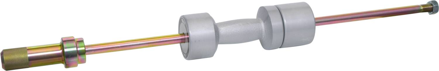 Ein Metallwerkzeug mit zylindrischen und scheibenförmigen Elementen, möglicherweise ein Abzieher oder ähnliches Mechanikgerät.