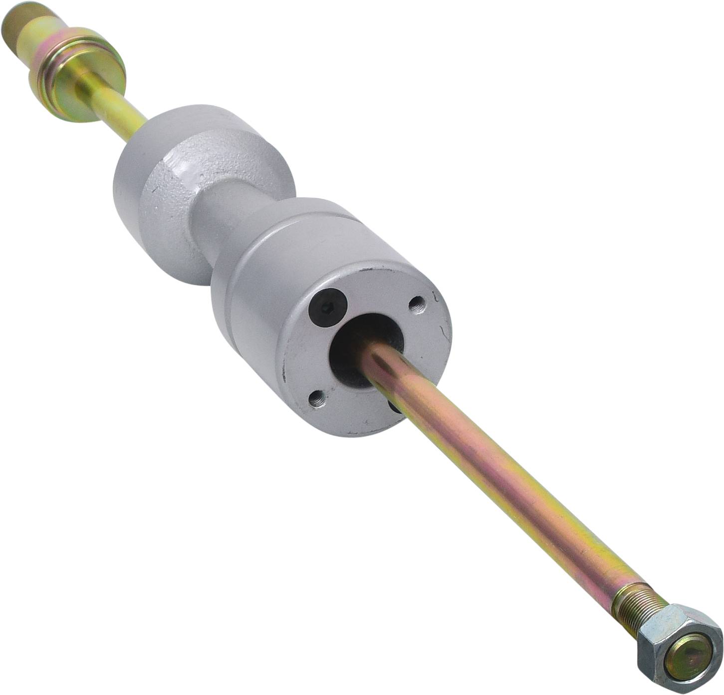 Metallteil mit zylindrischen Abschnitten und Schrauben an beiden Enden. Es scheint ein mechanisches Verbindungselement zu sein.