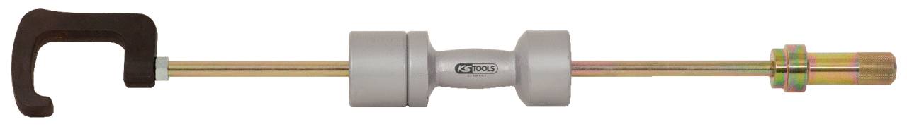 Ein Türschließer in horizontaler Ausrichtung, bestehend aus einer Metallstange mit Haken und einem drehbaren Mittelteil zum Einstellen.