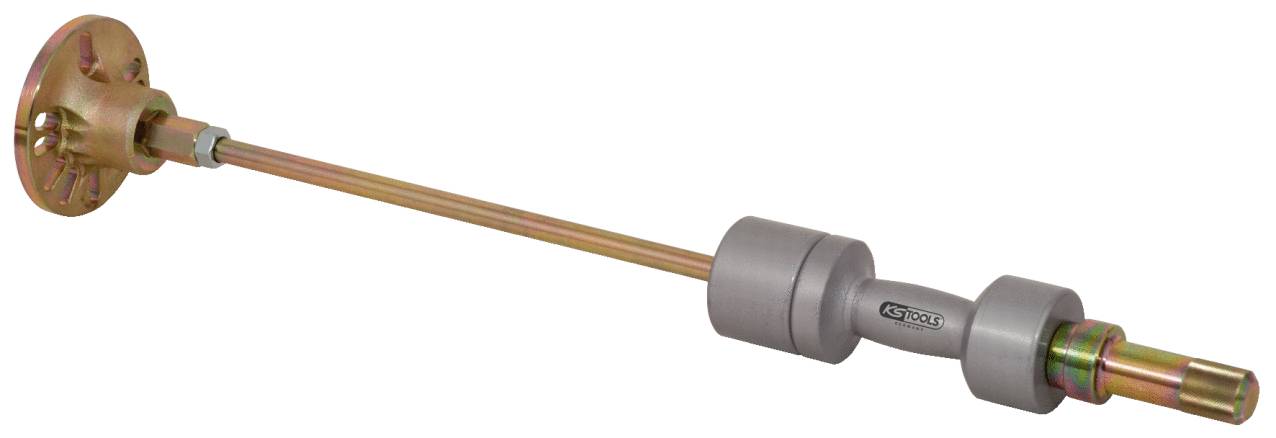 Ein Metallstab mit mehreren zylindrischen Elementen und einer runden Basisplatte. Verwendung unklar, möglicherweise technische Komponente.