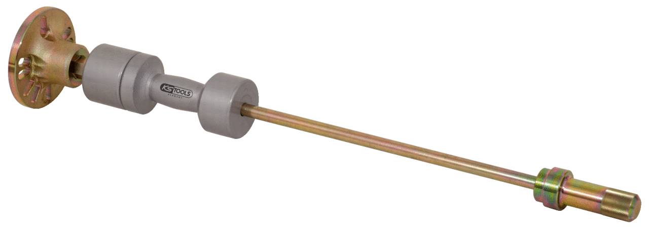 Ein langer Metallstab mit zylindrischen Abschnitten und einer runden Befestigungsplatte links, wahrscheinlich ein technisches Bauteil.