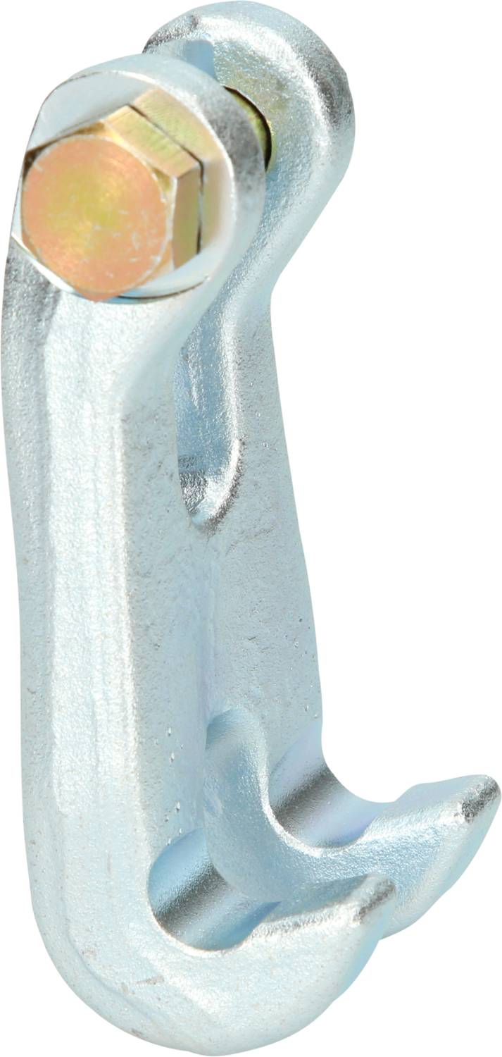 Metallischer Haken mit verschraubtem Bolzen, hauptsächlich zur Sicherung schwerer Lasten verwendet. Silberfarben mit einfachem Design.